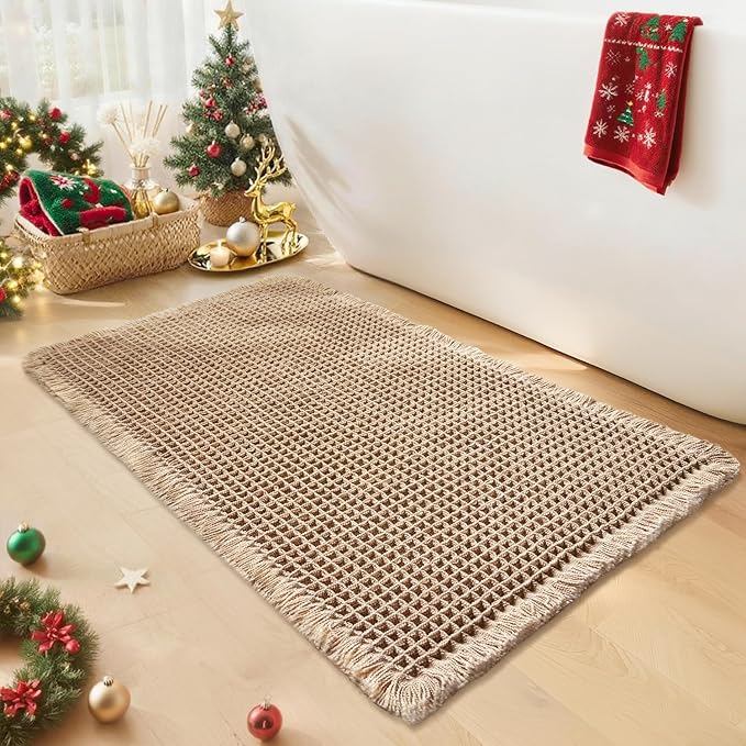 Waffle Bath Mat - Boho Bathroom Rugs Non Slip Washable, Super Absorbent & Quick Dry, Soft Bath Mat Farmhouse Bathroom Decor, 24'' x 36'', Khaki