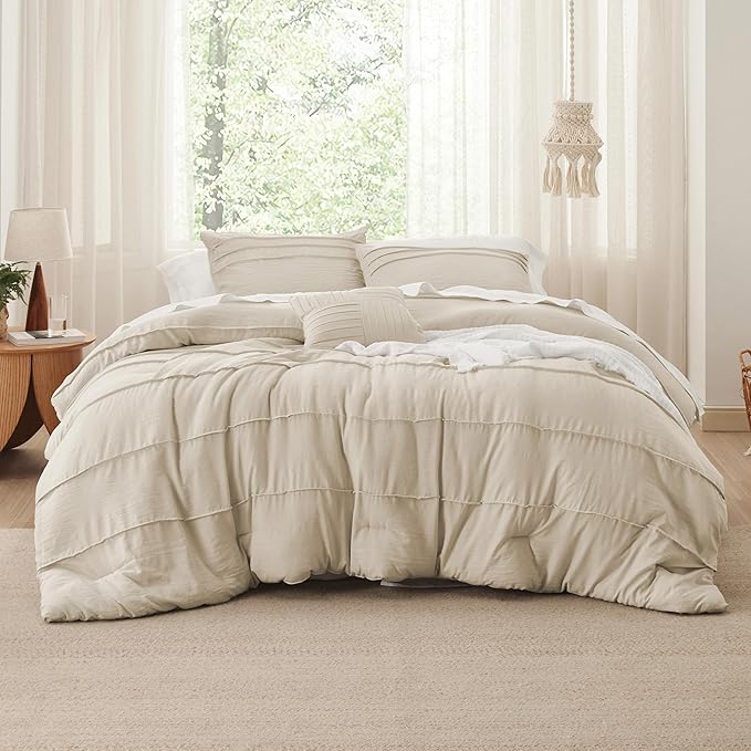 Bedsure Queen Comforter Set - 4 Pieces Pinch Pleat Bed Set, Linen Boho Bedding for All Season, 1 Soft Comforter, 2 Pillowcases, 1 Decorative Pillow