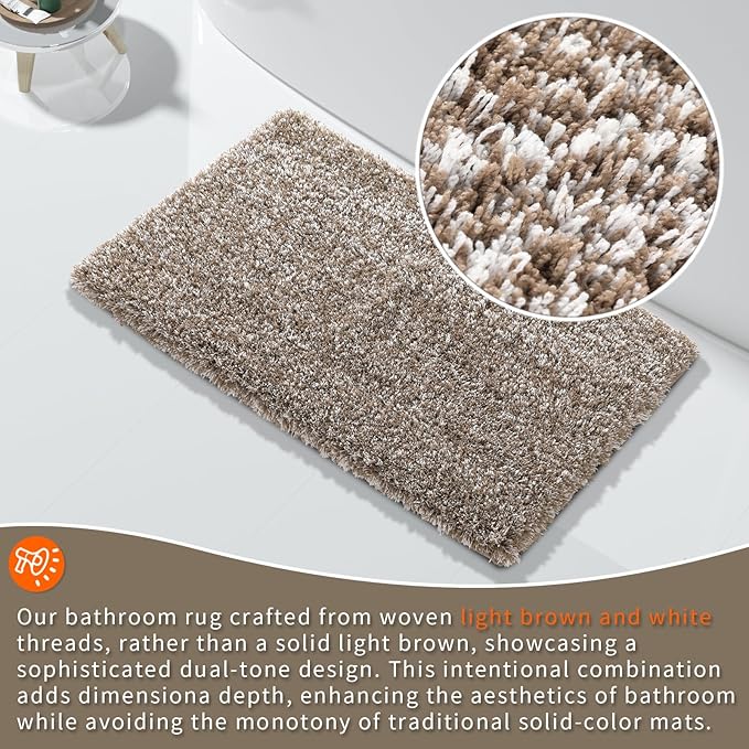 Yimobra Bathroom Rugs Non Slip Washable 36x24, Ultra Soft and Water Absorbent Bath Mats, Plush Fluffy Shower Mat Outside, Luxury Microfiber Thick Matts for Bathroom Floor/Tub, Light Brown and White