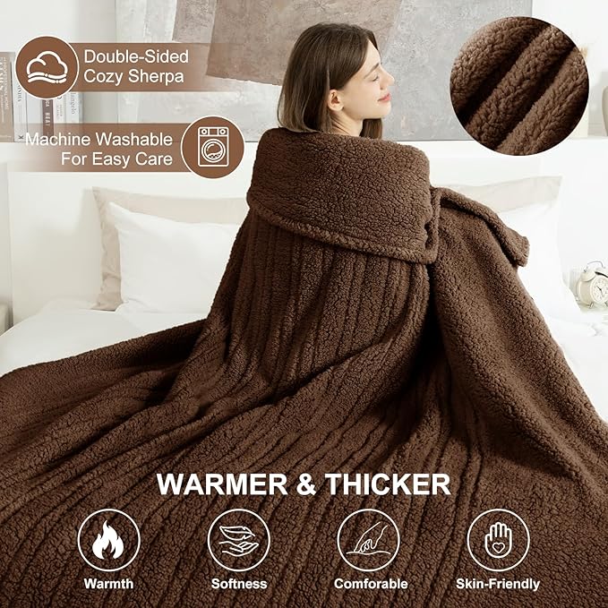 Heated Blanket Full Size 72"X84" Brown - Soft Double Sided Sherpa Electric Blanket Full Size with LED Display, 6 Heating Levels & 10 hrs Timer, Machine Washable & Fast Heating, Gift for Women
