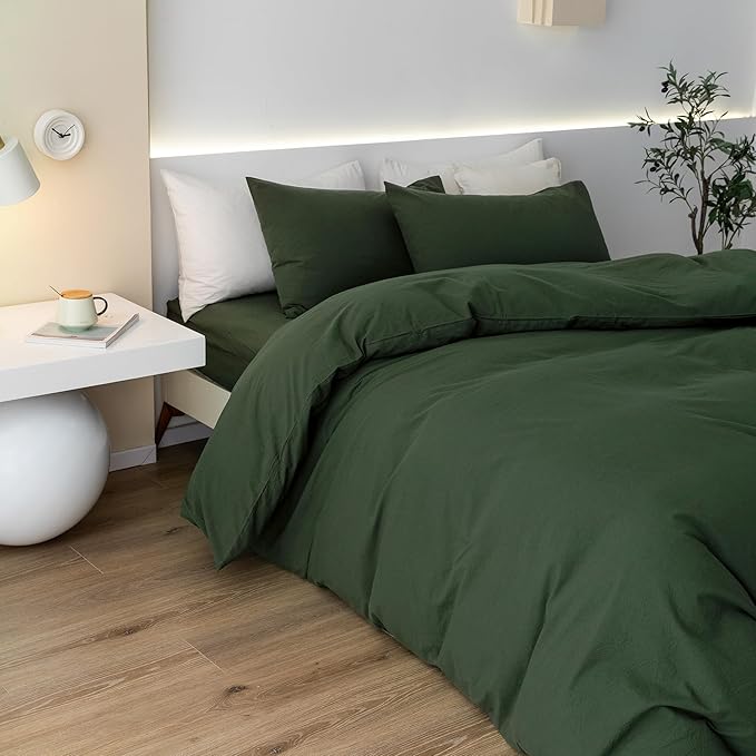 JIYUAN 100% Washed Cotton Duvet Cover Set 3 Pieces King, 1 Duvet Cover 104x90 Inches(Comforter Not Included) and 2 Pillowcases,Linen Feel Bedding Set Comfy and Breathable,Forest Green