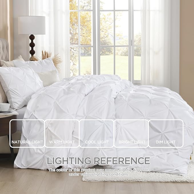 Litanika White Queen Pinch Pleat Duvet Cover, 3 Pieces Pintuck Cover Soft Microfiber Bedding Set with Zipper Closure & Corner Ties(90x90Inch-1 Duvet Cover, 2 Pillowcases)