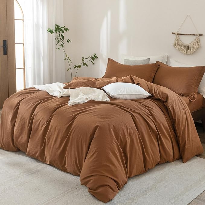 100% Washed Cotton Dark Orange Duvet Cover Queen Size Bedding Set Cover 1 Duvet Cover with Zipper Closure and 2 Pillowcases, 90inch x 90inch