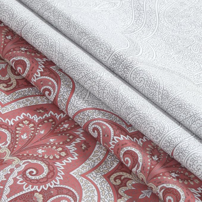 Paisley Shower Curtain, Water Repellent Fabric with Terracotta & Gray Bohemian Print, 12 Metal Grommets & Weighted Hem, 72x72 Inches
