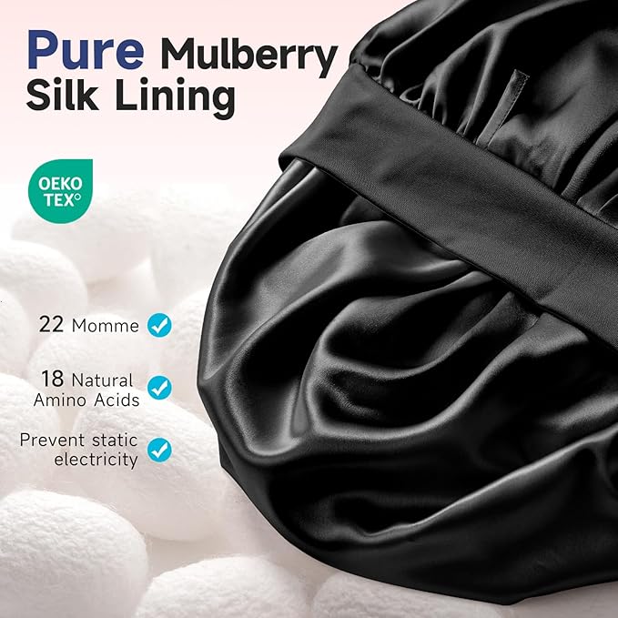 Umisleep Silk Bonnet, Soft Hair Bonnet for Sleeping, Real Mulberry Silk Lining, Bonnets for Women Hair Care, Double Layer Hair Cap with Tie, Large Silk Hair Wrap for Curly Long Hair, Black