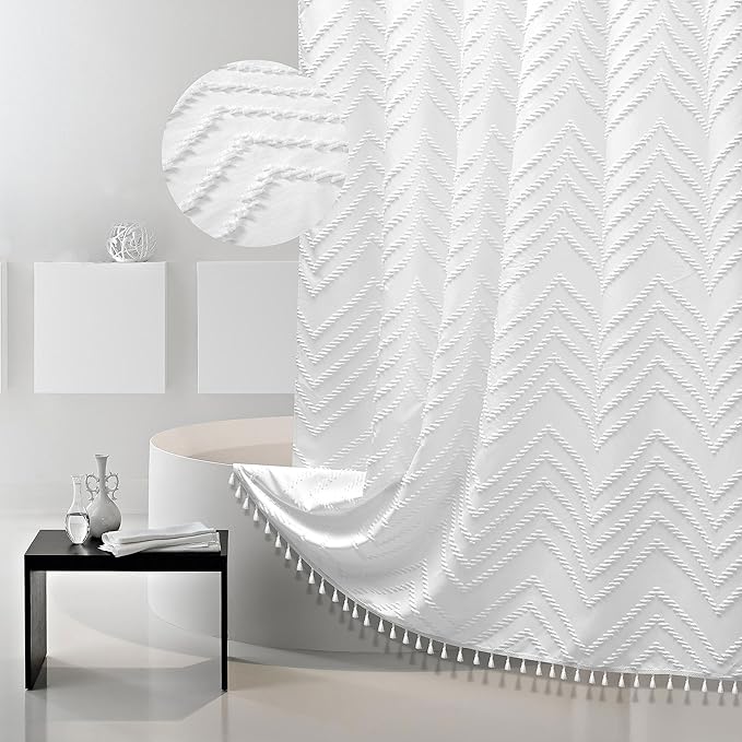 Boho Shower Curtain White Tassel Woven Fabric Shower Curtain 54 x 78 Modern Farmhouse Textured Tufted Chevron Striped Minimalist for Bathroom, Closet Door