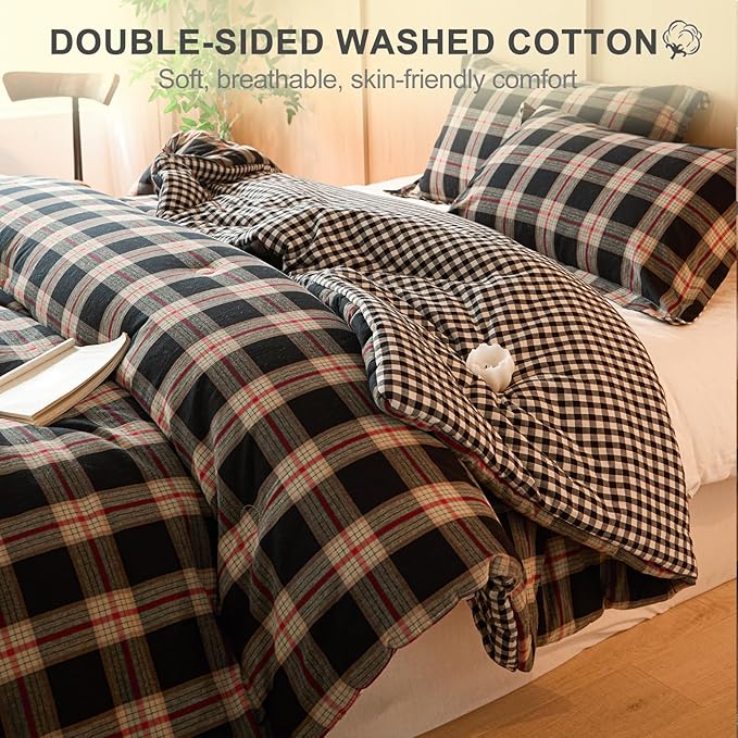 100% Cotton Comforter Set Queen Size – Reversible Yarn-Dyed Checkered Design, Soft Washed Cotton on Both Sides, Lightweight All-Season Bedding, Machine Washable(Black Red Plaid, 90”x90”)