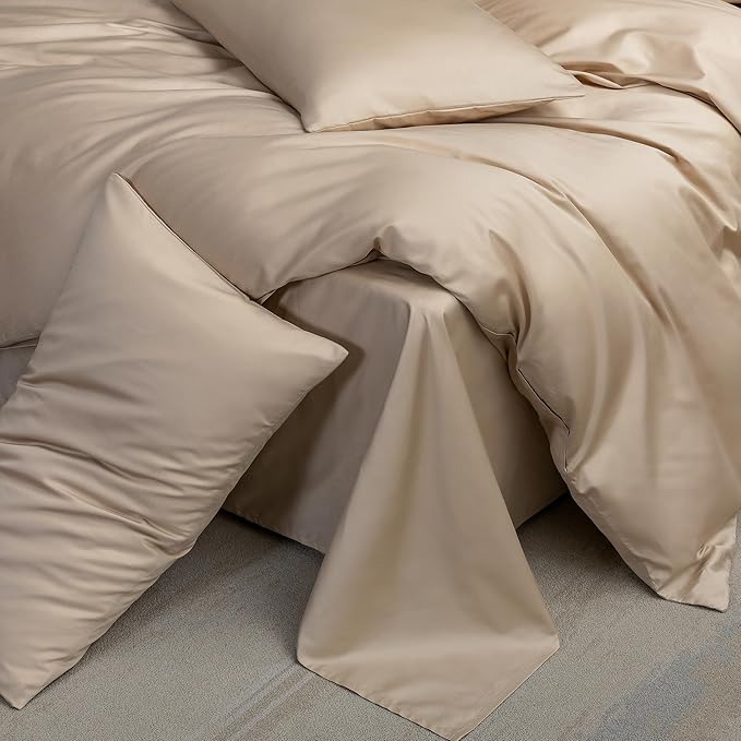 MooMee Duvet Cover Set 100% Extra Long Staple Cotton 600 Thread Count Silky Sateen Smooth Luxury Soft Breathable Durable Hotel Quality Bedding, 3 Pieces (Taupe, Queen 90"x90")
