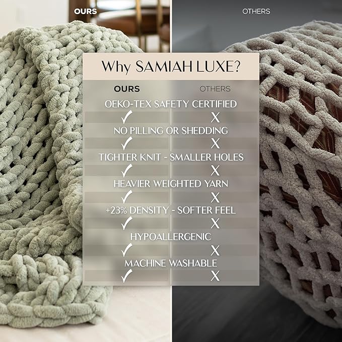 SAMIAH LUXE Sage Green Chunky Knit Blanket Throw 50x70, Chenille Chunky Knit Throw Blanket for Living Room Decor or Boho Decor, Thick Yarn Knitted Blankets for Couch or Bed, Knitted Crochet Blankets