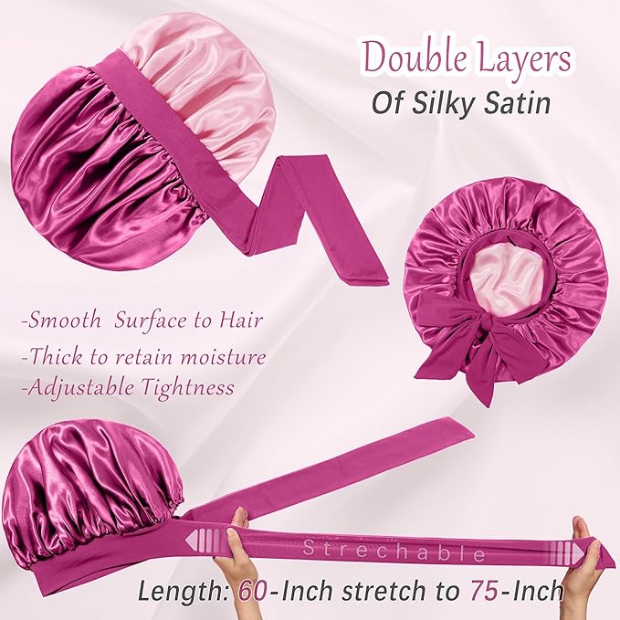 Double Layered Silk Satin Bonnet with Tie for Sleeping Black Women, Wide Band Large Hair Wrap Sleep Cap for Curly Hair Braid