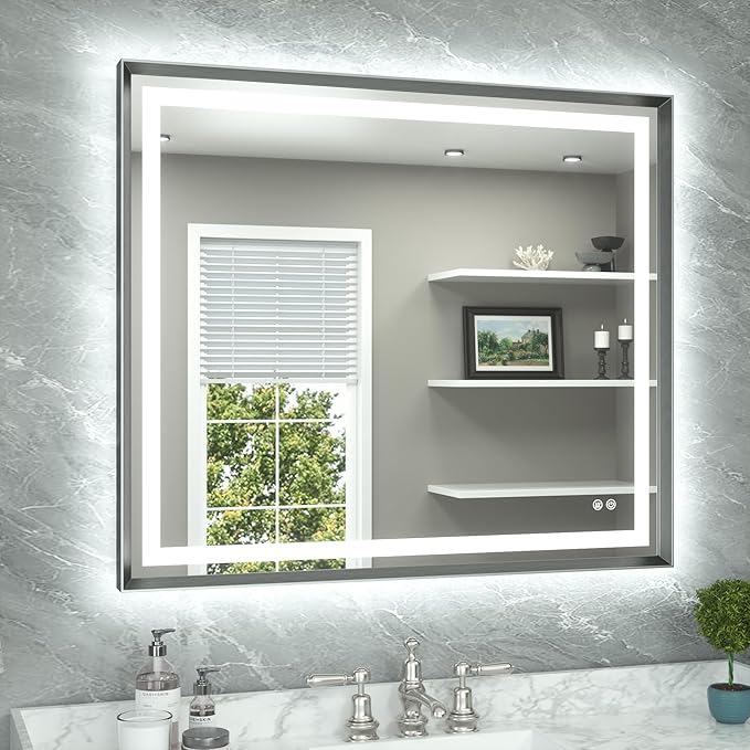 TETOTE 42 x 36 Bathroom LED Mirror Brushed Gunmetal Gray Frame Frontlit & Backlit Vanity Mirror Anti-Fog Stepless Dimmable 3 Colors White/Warm/Natural Wall-Mounted