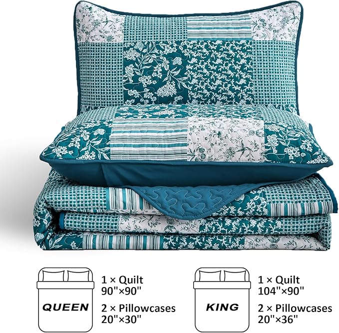 Mybedsoul Teal Blue Quilt Set King Size 3 Pieces Boho Plaid Turquoise Floral Bedspread Set Microfiber Lightweight Bohemian Bedding Bedspread Coverlet Set for All Season 90"x104"
