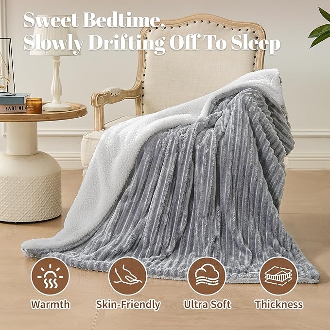 Electric Heated Throw Blanket - 50"x60" Fast Heating Bed Blankets with 6 Heating Levels & 4 Hours Auto Off, Soft Ribbed Flannel Sherpa, Over-Heated Protection ETL, Light Gray