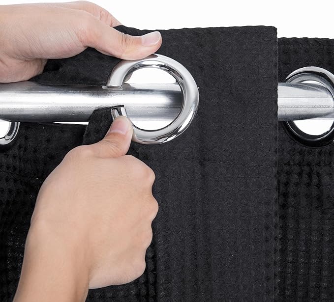 River Dream Black Waffle Weave Shower Curtain with Snap-in Liner,Cotton Blend Fabric Heavy Duty,No Hooks Needed Shower Curtain for Bathroom,Hotel Quality Shower Curtain Set,71 x 74 inches