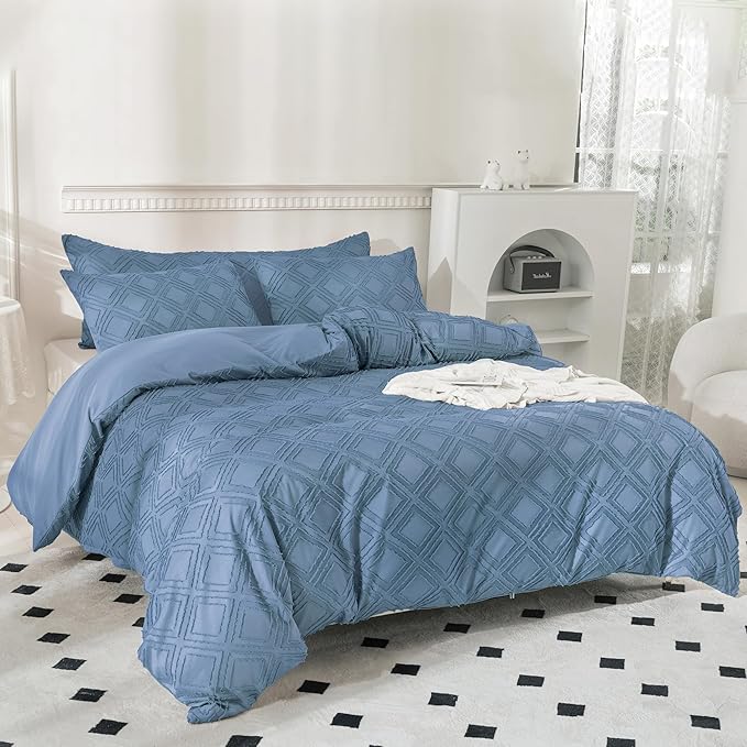 JELLYMONI Duvet Cover Full Size Blue - 3PCS Boho Duvet Cover Set Plaid Polyester Tufted Bohemian Jacquard Knit Textured Comforter Cover 80×90in Rhombic Geometric Pattern Corner Tie & Zipper