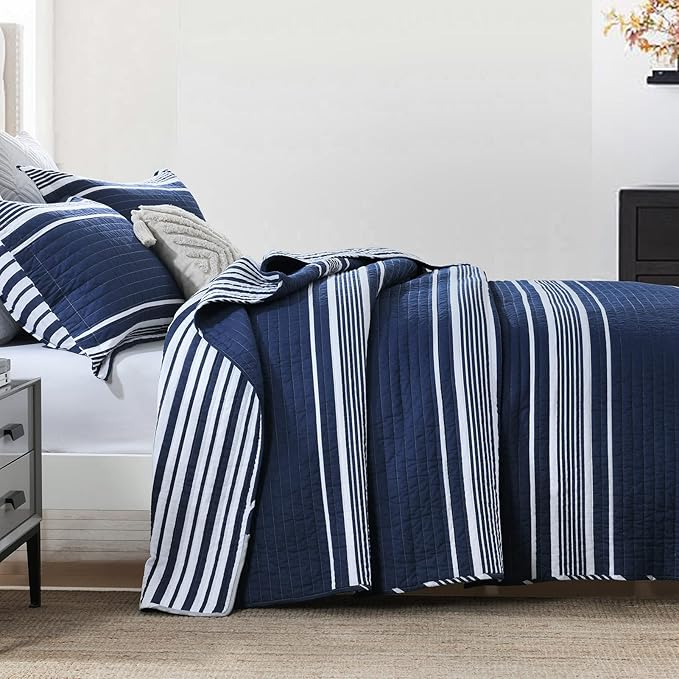 Y-PLWOMEN Quilt King Size - 100% Cotton King Size Bedspread, Navy Blue Striped Quilt for King Bed, Lightweight Reversible All Season, 3-Piece