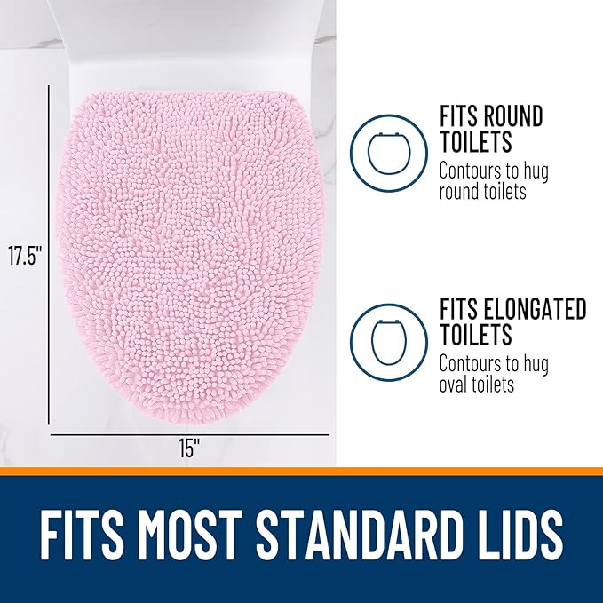 OLANLY Soft Chenille Bathroom Toilet Lid Cover, Machine Washable Seat Covers, 17.5x15, Stays in Place Rubber Backing, Fits Most Round, Elongated and Oblong Lids, Accessories Decor, Pink