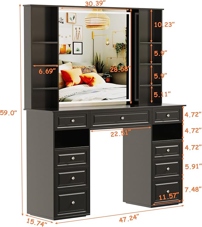 Vanity Desk with Mirror and Lights,47" Vanity Table with 9 Drawers, 10 Open Shelves, Makeup Vanity with HD Lighted Mirror for Bedroom, Brightness Adjustable, Makeup Storage (Black, A Panel)