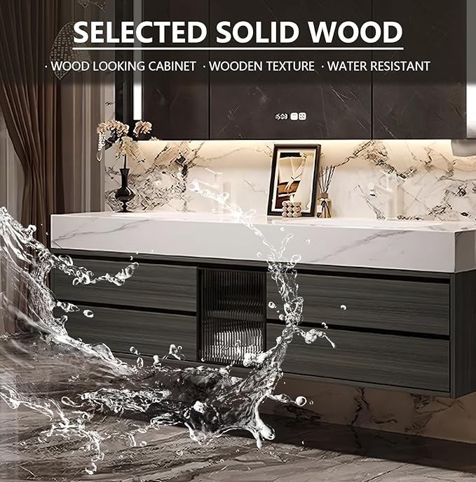 76IN Bathroom Vanity with Double Sink, Modern Bathroom Vanity with LED Smart Defog Mirror Cabinet & Integrated Ceramic Sink, Floating Vanities with Drawers and Glass Cabinet Door (Grey Wood)