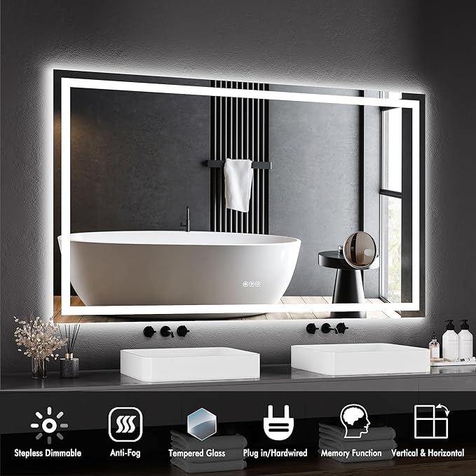 GarveeHome 60x36 LED Bathroom Mirror with Lights, Dimmable, Anti-Fog, Backlit + Front Lit, Smart Bathroom Vanity Mirror for Wall, Memory Function, Shatter-Proof (Horizontal/Vertical)