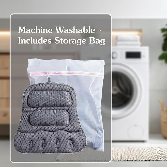Luxury Bath Pillow for Tub, Dual Headrest & Back Support, 4D Air Mesh Quick-Dry Cushion, 10 Strong Suction Cups, Extra-Large Spa Bathtub Pillow Gift for Women(Grey)