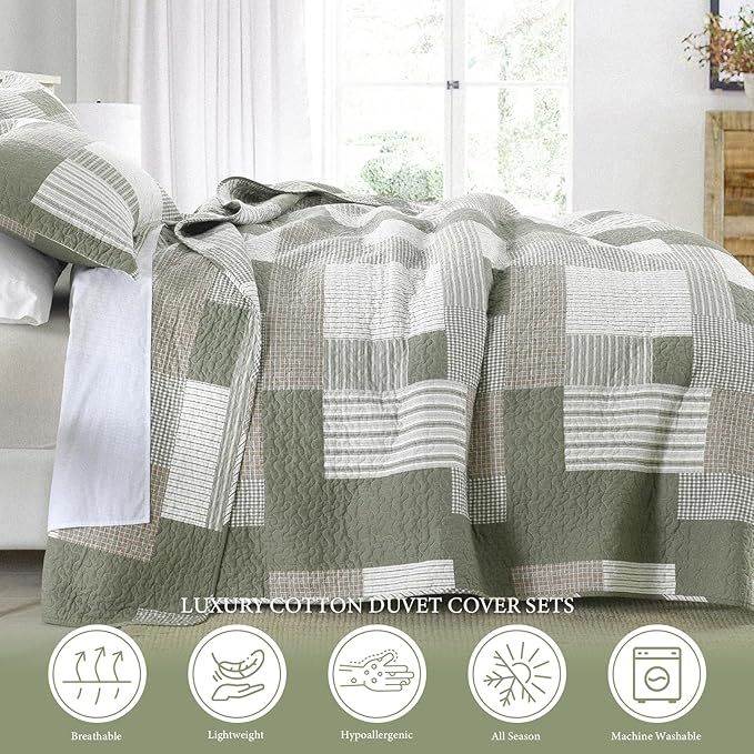 Uniclinens Plaid Quilt Set King Size, Patchwork Light Green Quilt Bedding Set, 100% Cotton Bedspreads, Farmhouse Rustic Lightweight Comforter, 3 Pieces Set with 2 Pillowshams, Green/Brown/Beige