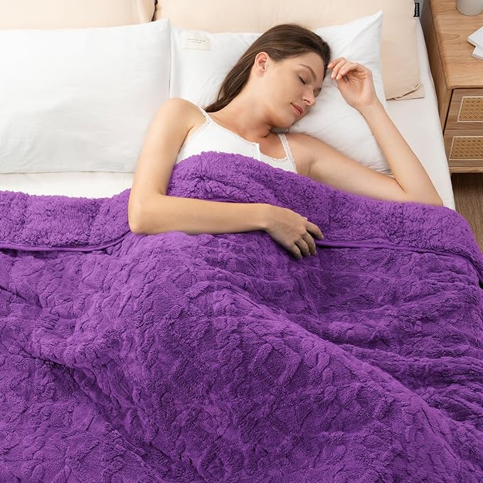 Wemore Weighted Blanket for Adults Twin Size 15 lbs, Dual Sided Soft Fuzzy Jacquard Sherpa Weighted Blankets Throw, Cozy Fluffy Knitted Heavy Blanket for Couch Bed, Dark Purple, 48 x 72 inches