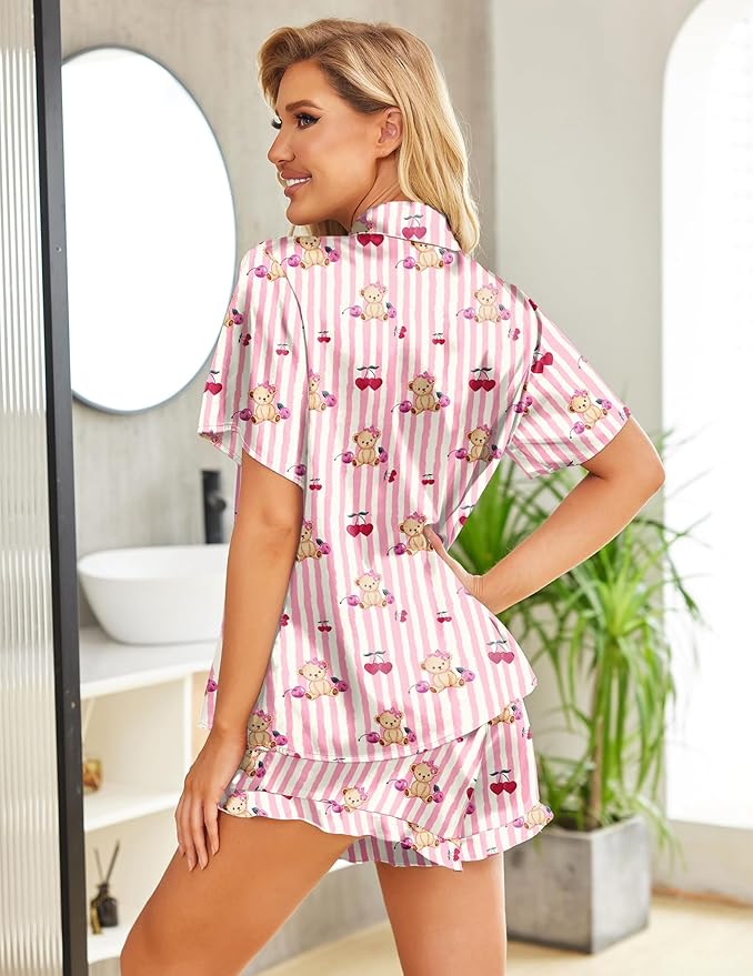 HOTOUCH Womens Satin Pajamas Set Button Down 2 Piece Silk Pjs Shorts Set Ruffle Lingerie Notch Collar Sleepwear