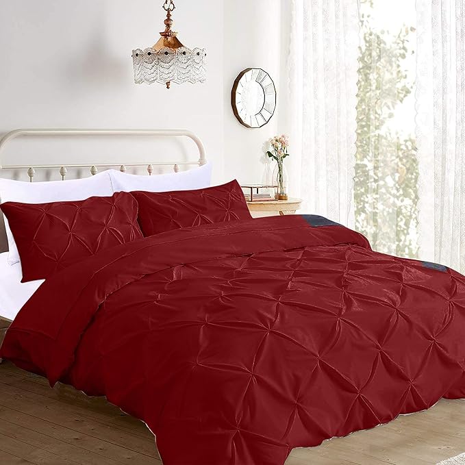 Pinch Pleated Duvet Cover Set 100% Cotton 3PC Oversize Plus Size 128x120 Duvet Cover Set, Decorative Pinch Design Burgundy Duvet Cover with Matching Pillow Case