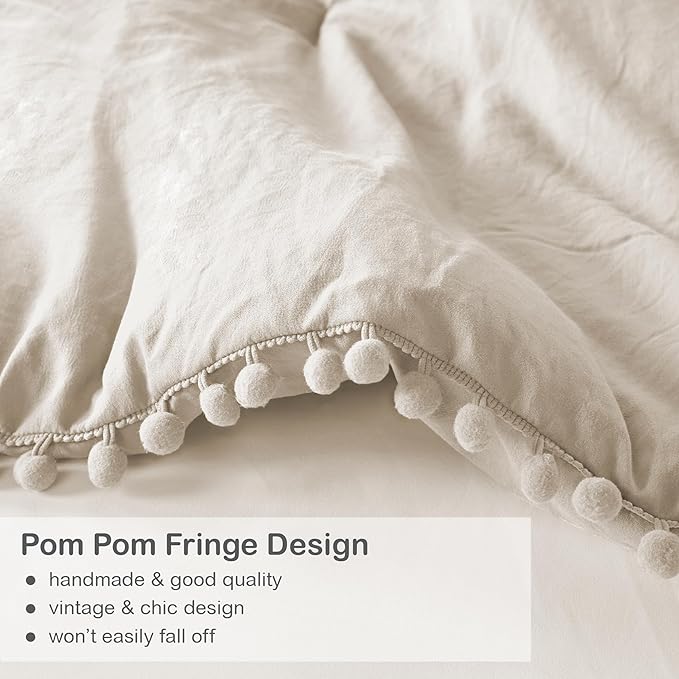 Codi Beige Twin Comforter Set for Girls - Boho Aesthetic Pom Fringe Design Cute Bedding, Soft Washed Microfiber Taupe Bed Sets, Lightweight Chic,1 Comforter & 1 Pillowcase