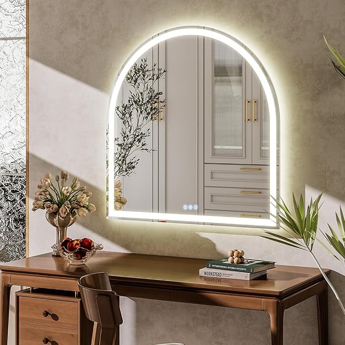 BEAUTYPEAK LED Arch Bathroom Mirrors with Lights, 34x30 Arch Mirror with Metal Frame, Anti-Fog,LED Mirror with Front Light and Backlit, Memory Function for Bathroom, Dressing Room