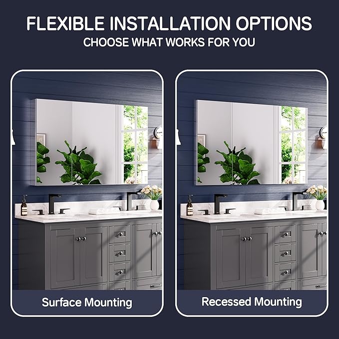 Medicine Cabinet 48" x 30", Bathroom Medicine Cabinet with Mirror, Recessed Medicine Cabinets with Adjustable Shelves, Soft-Closing Door, and Aluminum Alloy Frame - Reverse Installation, Silver