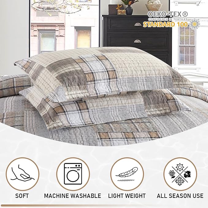 KALOOLA 100% Cotton Quilts King Size 3 Pieces, Farmhouse Plaid King Quilt Bedding Sets, Brown Rustic King Size Bedspreads, Reversible Lightweight King Coverlet for All Seasons