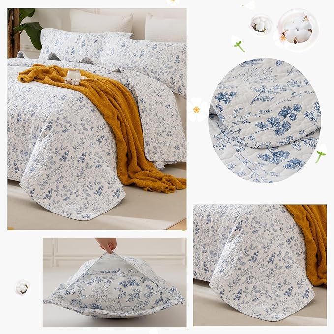 Lady Ann Cotton Quilt Sets King Size - Blue and White Floral & Leaves Pattern Botanical Printed Quilted Bedding, 3 Pcs Lightweight Soft Bedspread Sets King Coverlet for All Season