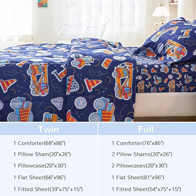 Viviland Kids Twin Bedding Sets for Boys, Soft Twin Comforter Set with Sheets, 5 Pieces Microfiber Bed in a Bag, Navy Blue Tractor