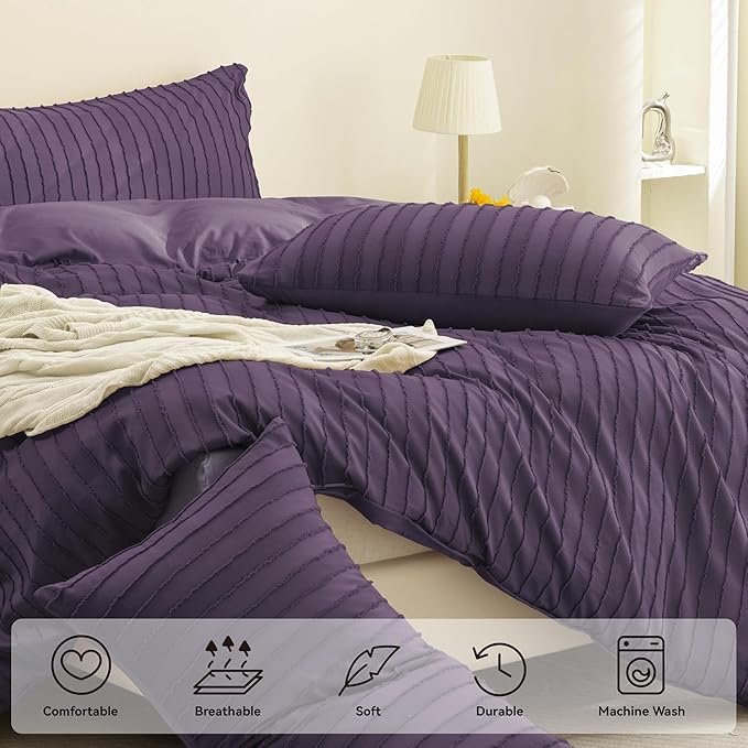 JELLYMONI Duvet Cover Queen Size Purple - 3PCS Boho Striped Duvet Cover Set Polyester Tufted Bohemian Textured Comforter Cover 90×90in with Corner Ties & Zipper and 2 Pillowcases