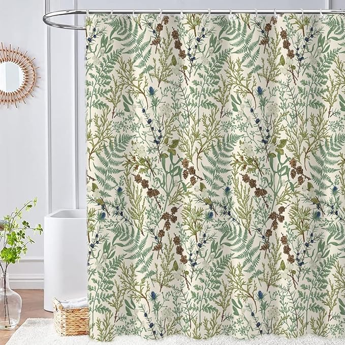 Beige Green Botanical Shower Curtain Boho Nature Ferns Wildflowers Apothecary Bathroom Curtains Herbs Plants Vintage Cottagecore Bathroom 72Wx72H Waterproof Polyester