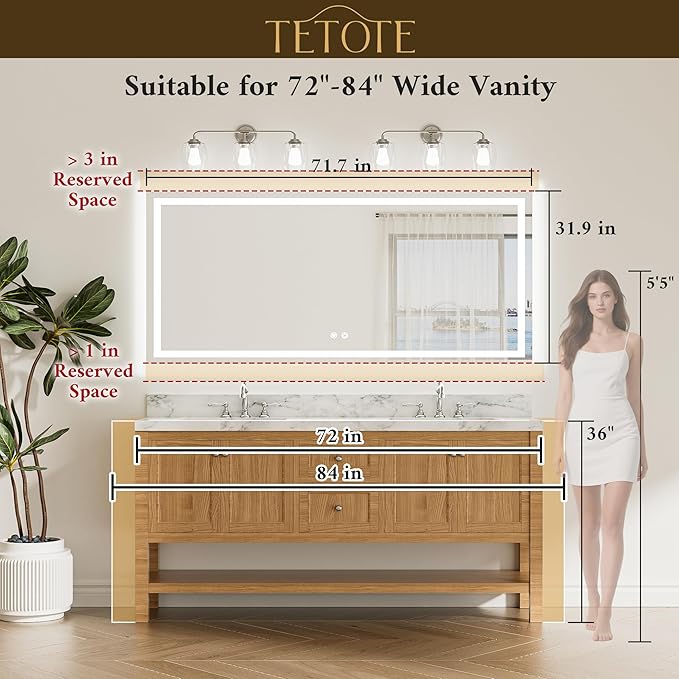TETOTE 72 x 32 LED Bathroom Mirror, Brighter Lighted Bathroom Vanity Mirror with LED Lights, Light up Front and Backlit 3-Color Dimmable Anti Fog Illuminated Mirror, Waterproof, Shatterproof