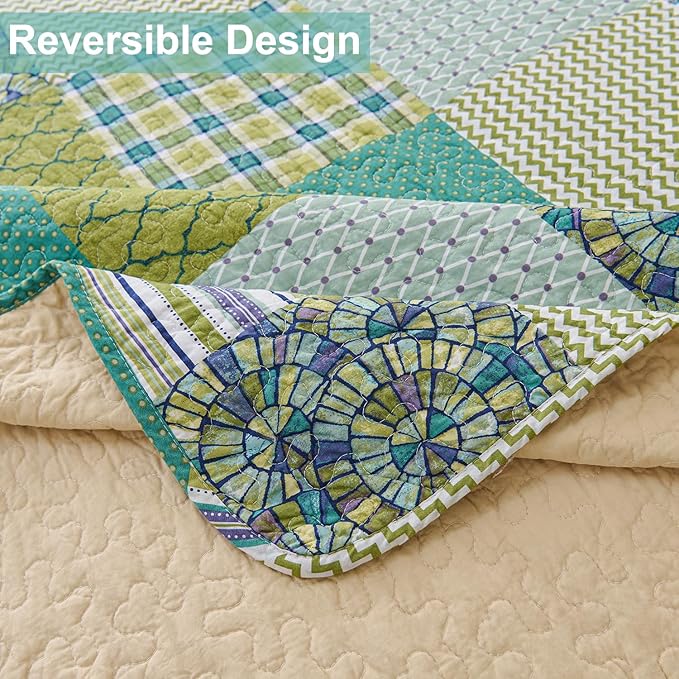 Cmfshape Quilt Sets Bedspread Set 100% Cotton Green Plaid Patchwork Bedding Set, All Season Use Lightweight Reversible Coverlet Quilts with 2 Pillow Shams(Queen 90"x96")