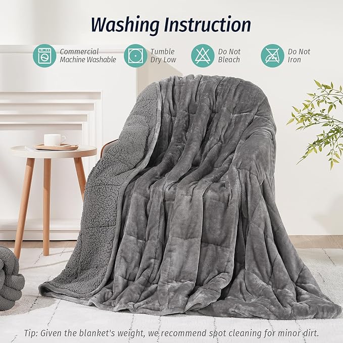 Wemore Sherpa Fleece Weighted Blanket for Adult, 12 lbs Dual Sided Cozy Fluffy Heavy Blanket, Ultra Fuzzy Throw Blanket with Soft Plush Flannel Top, 48 x 72 inches, Grey on Both Sides