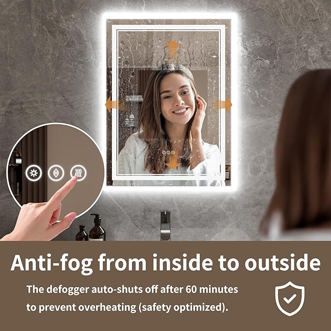 Bathroom Mirror with Lights 24"X32" with Front Light and Backlit, Tempered Glass, Wall Mount Horizontal/Vertical, Stepless Dimmable, 3 Colors, Anti Fog, Bathroom Memory LED Mirror