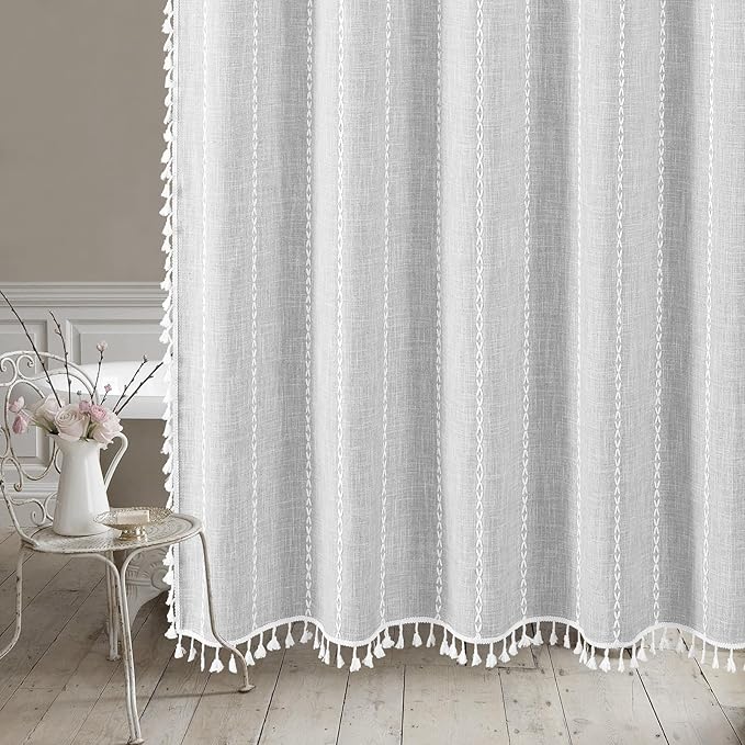 MitoVilla Modern Farmhouse Shower Curtain Set 72 x 78, Boho 78 inch Long Polyester Linen Tassel Fabric Shower Curtain Set for Chic Cottagecore French Rustic Bathroom Decor, Light Grey
