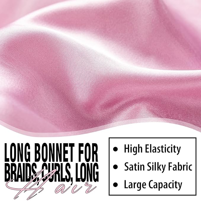 2Pcs Bonnets for Black Women Braid Bonnet, Large Long Satin Bonnet for Braids, Silk Bonnet with Stretchy Tie Band Sleep Cap Hair (2Pcs-Black&Pink)