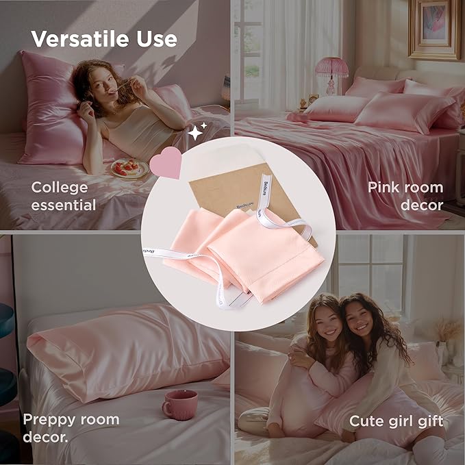 Bedsure Satin Pillowcase for Hair and Skin Queen - Peach Pink Silky Pillowcase 2 Pack with Envelope Closure, Similar to Silk Pillow Cases, Gifts for Women Men, 20x30 Inches, 2pcs