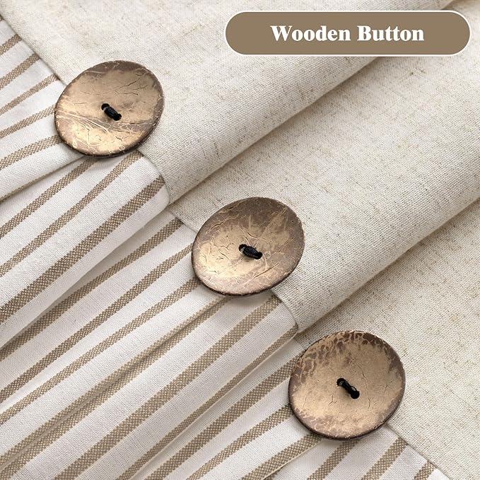 Farmhouse Shower Curtain Linen Beige Button Woven Fabric Country Rustic Western, Pleated Beige Stripe 72" W x 78" L