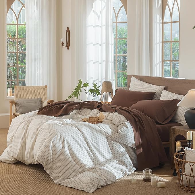 MooMee Bedding Sheet Set 100% Washed Cotton Linen Like Textured Breathable Durable Soft Comfy (Solid Cocoa Brown, King)