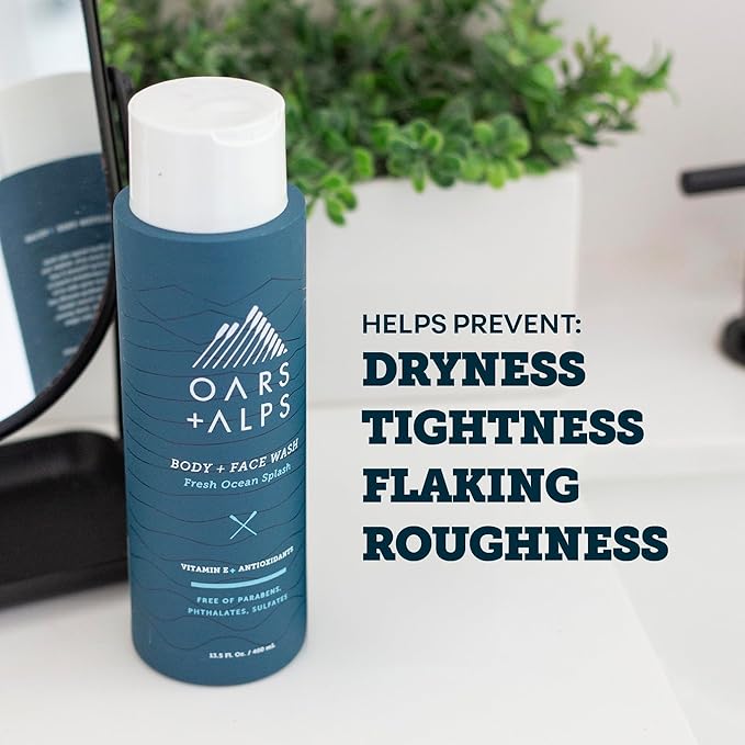 Oars + Alps Body Wash for Men, Mens Body Wash with Vitamin E and Antioxidants, Moisturizing, Hydrating, Paraben & Sulfate Free Cleanser, Fresh Ocean Splash, 2pk
