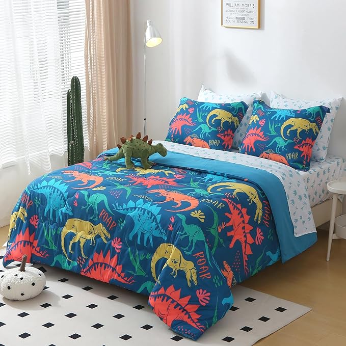 Wajade Boys Dinosaur Comforter Set Bed in A Bag Queen Size 7 Piece 3D Blue Dinosaur Print Bedding Set for Kids Teens(1 Comforter, 1 Flat Sheet, 1 Fitted Sheet, 2 Pillowcase and 2 Pillow Sham)