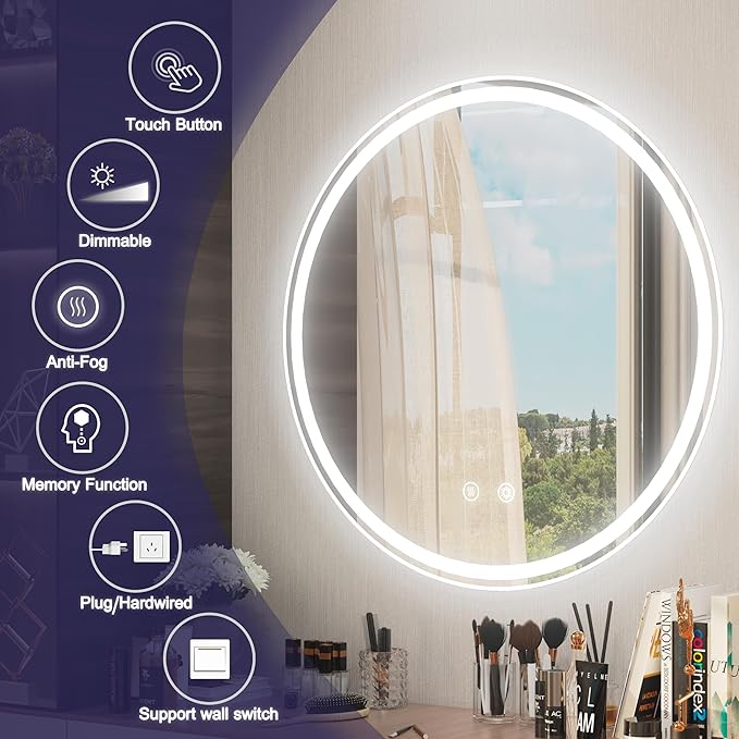 28-Inch Frameless Round LED Bathroom Mirror with Anti-Fog, Memory Function, Dimmable Front & Backlit Lights, 6000K Daylight, 5mm HD Glass, Touch Control
