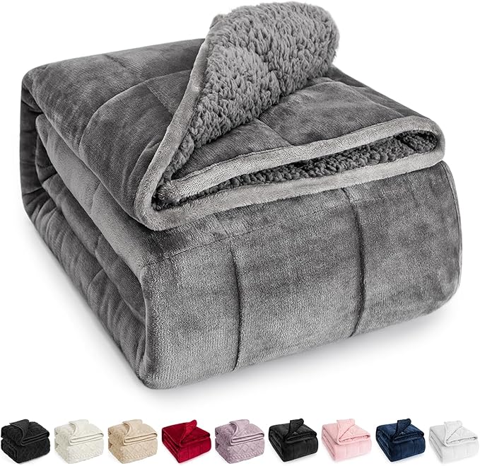 Wemore Sherpa Fleece Weighted Blanket for Adult, 20 lbs Dual Sided Cozy Fluffy Heavy Blanket, Ultra Fuzzy Throw Blanket with Soft Plush Flannel Top, 60 x 80 inches Grey on Both Sides